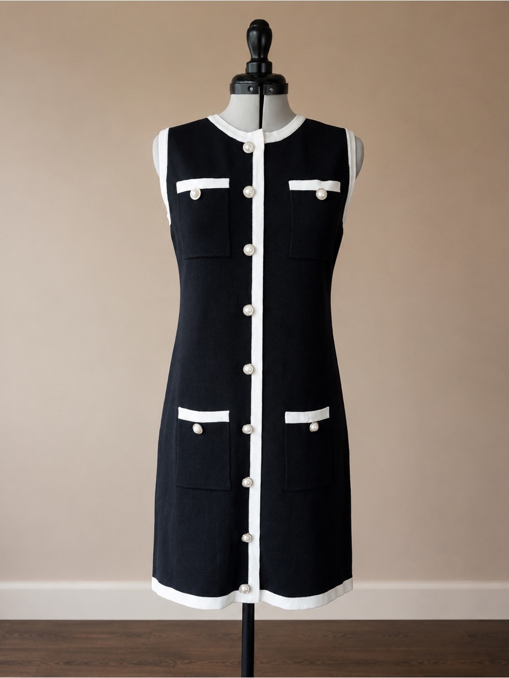 Commense Black Midi Dress with White Trim and Pearl Buttons
